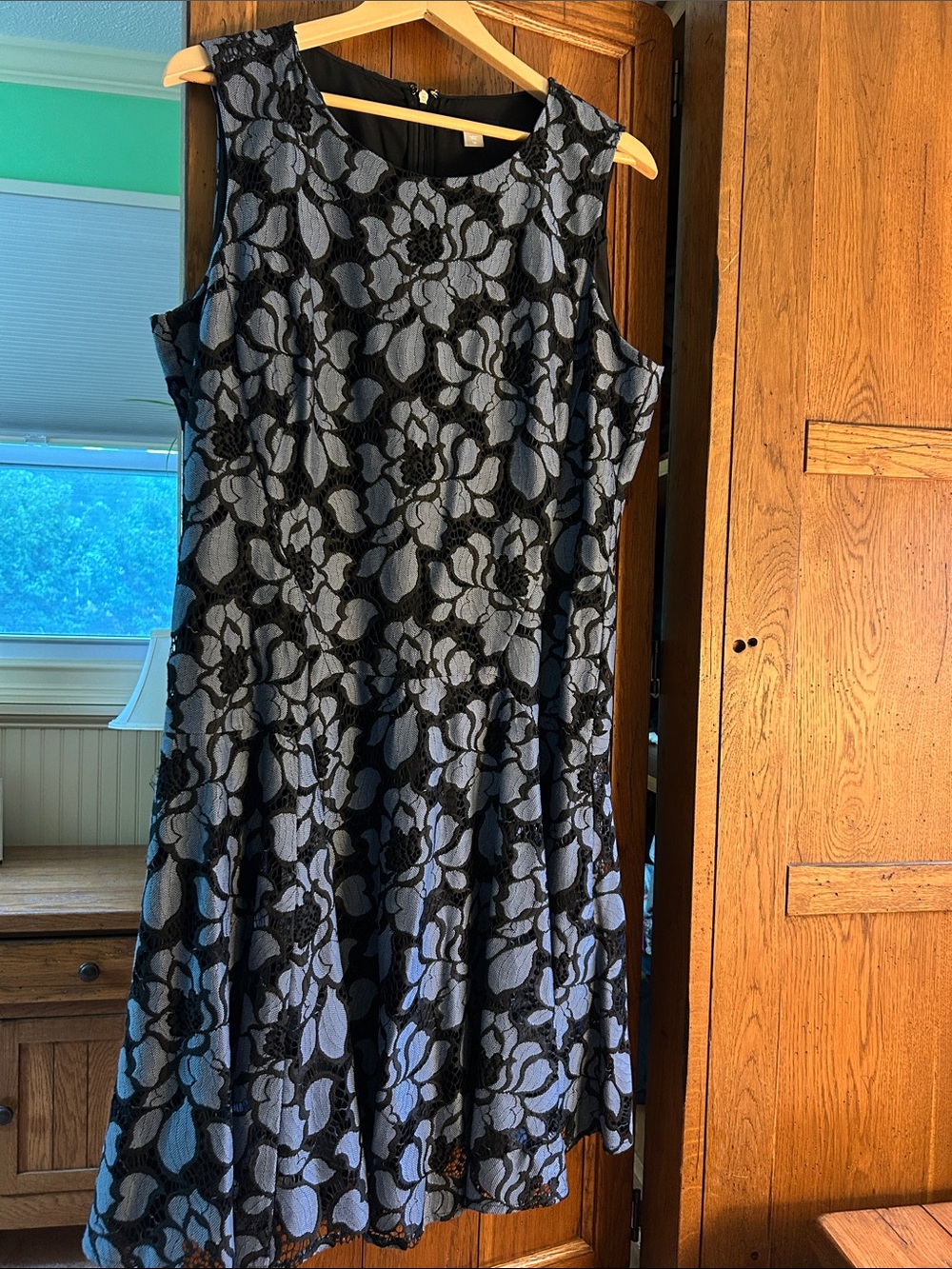 Tommy Hilfiger Black Floral Lace Overlay Dress with Gray-Blue flowers